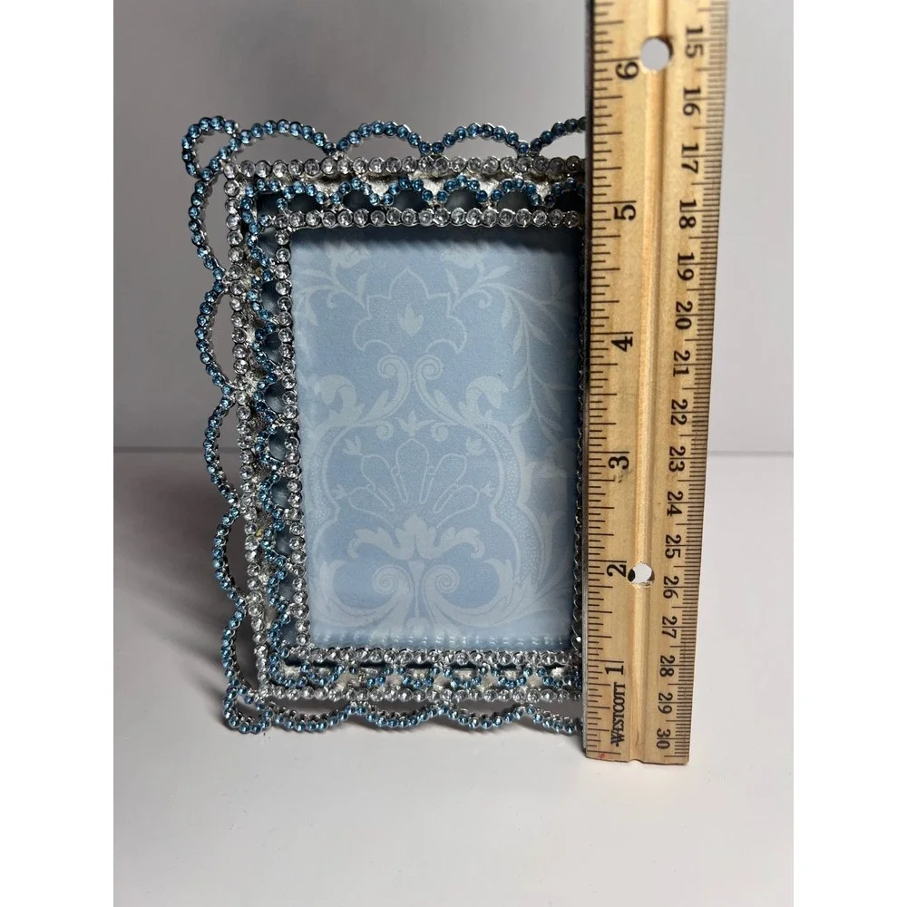 Sixtrees Blue Clear Rhinestone Scalloped Photo Frame Silver Tone Vintage Style